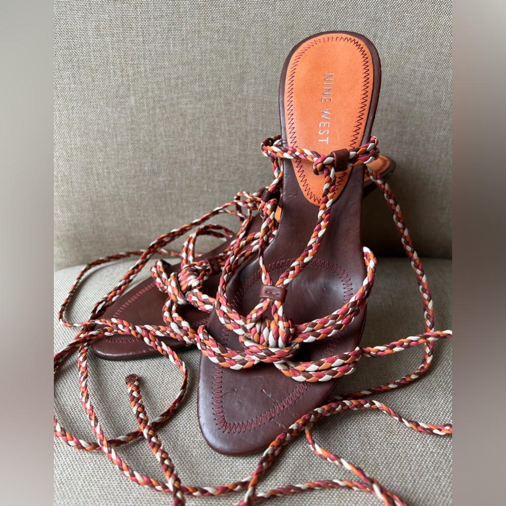 LIKE NEW! Nine West Leather Lace-Up Heels | Orange, Brown, Cream | US 6
